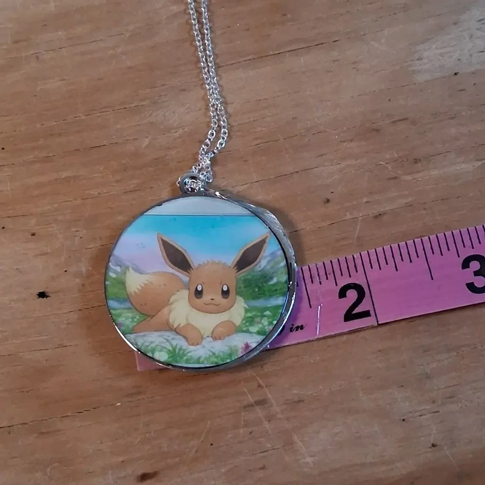 Handmade Pokemon Evee Necklace Silver Chain Round Resin Card Jewelry 10 In